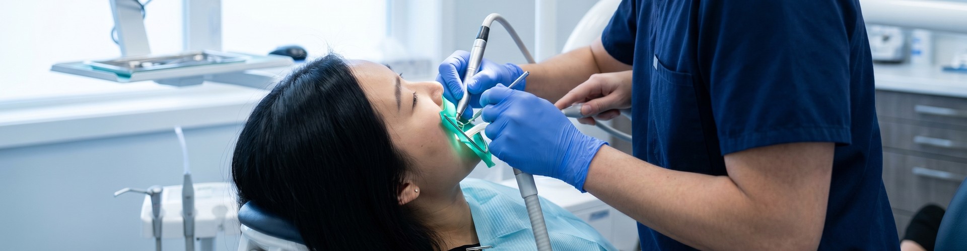 Dentist using dental tools in patient's mouth.